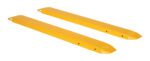 The Vestil Fork Extensions 6 X 60 Standard (Pair) are long, yellow, rectangular metal extensions with attachment holes and tapered ends for optimal lifting performance.