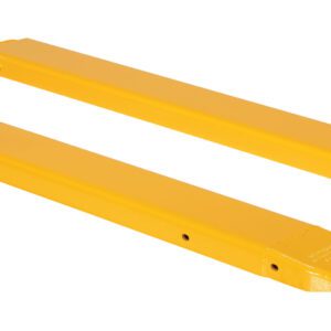 Two Vestil Fork Extensions 6 x 63 Standard (Pair), yellow and rectangular with pointed ends, lie parallel on a white background. Designed to extend forklift reach.