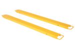 A pair of yellow Vestil Fork Extensions, measuring 6 x 66, is set parallel on a stark white background. Each rectangular standard extension includes a hook at one end.