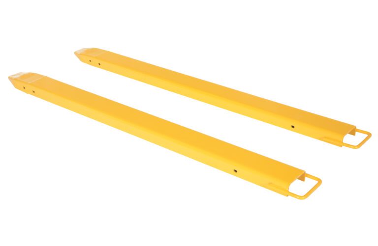 A pair of yellow Vestil Fork Extensions, measuring 6 x 66, is set parallel on a stark white background. Each rectangular standard extension includes a hook at one end.