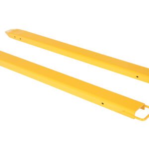 Two Vestil Fork Extensions, 6 X 72, are placed side by side on a white background. Each yellow extension features rounded ends and small looped handles, expertly designed to increase the forklifts reach.