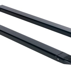 A pair of Vestil Fork Extensions 6 x 84, standard black, lies parallel on a white background. These long metal extensions have pointed ends and a rectangular shape, ideal for extending forklift tines.