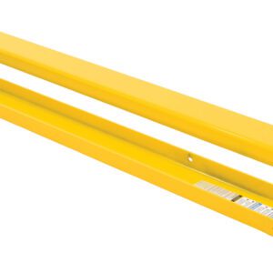 The pair of Vestil Fork Extensions, measuring 6 x 90, lie side by side. They are designed to enhance forklift capacity and reach, with one featuring a length measurement label for precise adjustments.