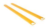 Two yellow Vestil Fork Extensions 6 X 96 Standard (Pair) lie parallel on a white background, featuring a rectangular shape with handles to extend forklift reach for handling larger materials.