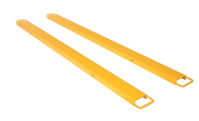 FE-6-96_A.jpg Two yellow Vestil Fork Extensions 6 X 96 Standard (Pair) lie parallel on a white background, featuring a rectangular shape with handles to extend forklift reach for handling larger materials.