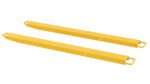 Two Vestil Fork Extension High Strength 63L X 4W In, long and yellow, are placed parallel on a white background. These rectangular extensions feature looped ends for easy attachment.
