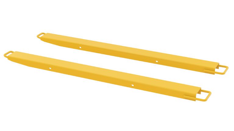 FE-HS-4-63_A.jpg Two Vestil Fork Extension High Strength 63L X 4W In, long and yellow, are placed parallel on a white background. These rectangular extensions feature looped ends for easy attachment.