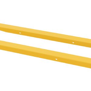 Two Vestil Fork Extension High Strength 63L X 4W In, long and yellow, are placed parallel on a white background. These rectangular extensions feature looped ends for easy attachment.