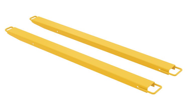 FE-HS-4-72_A.jpg Two identical long, sleek Vestil Fork Extension High Strength bars in yellow metal, measuring 72L x 4W inches with hook ends, are shown against a white background. They feature a smooth and polished finish.