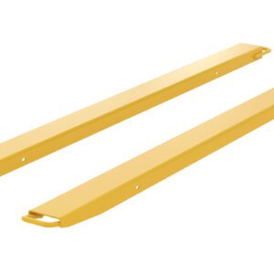 Two yellow Vestil Fork Extension High Strength 84L X 4W In metal forklift extensions lie side by side, each with a hook for easy attachment, on a white background.