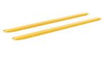 Two yellow Vestil Fork Extension bars, measuring 96L x 4W inches with looped handles and mounting holes, lie parallel on a white background.