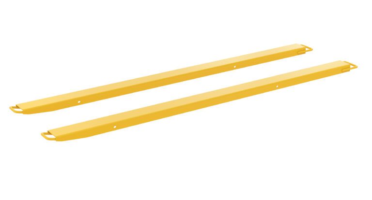 FE-HS-4-96_A.jpg Two yellow Vestil Fork Extension bars, measuring 96L x 4W inches with looped handles and mounting holes, lie parallel on a white background.
