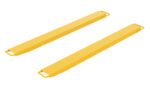 Two elongated, yellow metal beams with holes and handles at each end sit parallel on a white background. These are the versatile, load-distributing Vestil Fork Extension High Strength 63L X 5W In models.