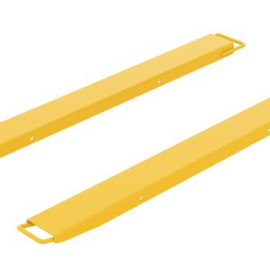 Two elongated, yellow metal beams with holes and handles at each end sit parallel on a white background. These are the versatile, load-distributing Vestil Fork Extension High Strength 63L X 5W In models.