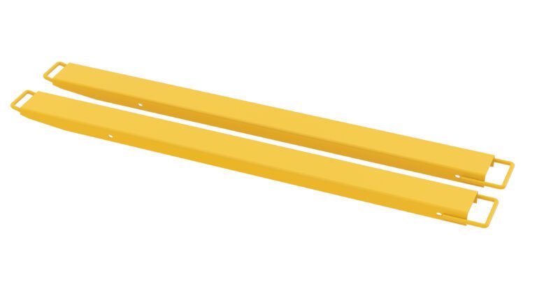 FE-HS-5-72_A.jpg Two long, yellow, rectangular Vestil Fork Extension High Strength 72L x 5W inch bars with handles on each end are positioned parallel on a white background, providing enhanced support and reach for various lifting tasks.