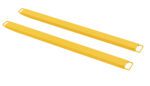 Two yellow rectangular metal beams, similar to the Vestil Fork Extension High Strength 84L X 5W In, appear parallel on a white background. Each beam has a square bracket at one end.