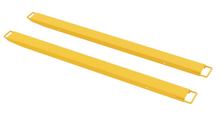 Two yellow rectangular metal beams, similar to the Vestil Fork Extension High Strength 84L X 5W In, appear parallel on a white background. Each beam has a square bracket at one end.