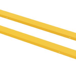 Two yellow rectangular metal beams, similar to the Vestil Fork Extension High Strength 84L X 5W In, appear parallel on a white background. Each beam has a square bracket at one end.