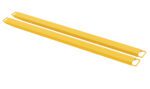 Two flat, yellow metal Vestil Fork Extension High Strength bars, each 96L x 5W with rectangular holes at both ends, lie parallel on a white background for optimal support and durability.