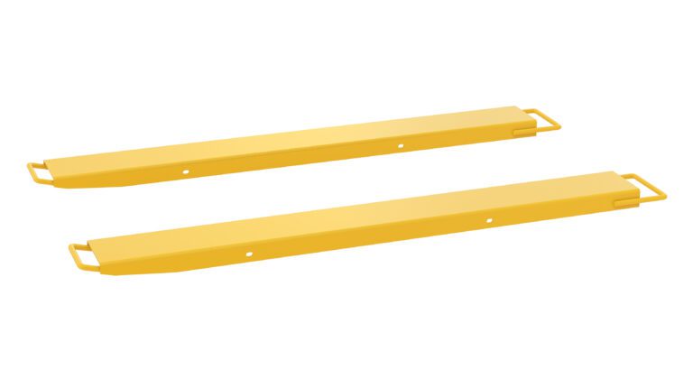 FE-HS-6-63_A.jpg Two yellow metal loading dock bumpers resemble the high strength of the Vestil Fork Extension High Strength 63L x 6W In, featuring handles on each end. They are arranged parallel against a crisp white background, highlighting durability and functionality.