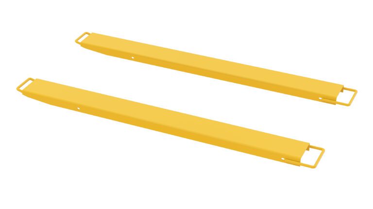 Two elongated Vestil Fork Extension High Strength 72L X 6W In extensions in yellow metal, each with handles on both ends, sit parallel against a white background.