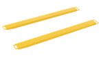 Two long, rectangular yellow metal bars resembling the Vestil Fork Extension High Strength 84L X 6W In, featuring handles at each end, are placed parallel on a white background.