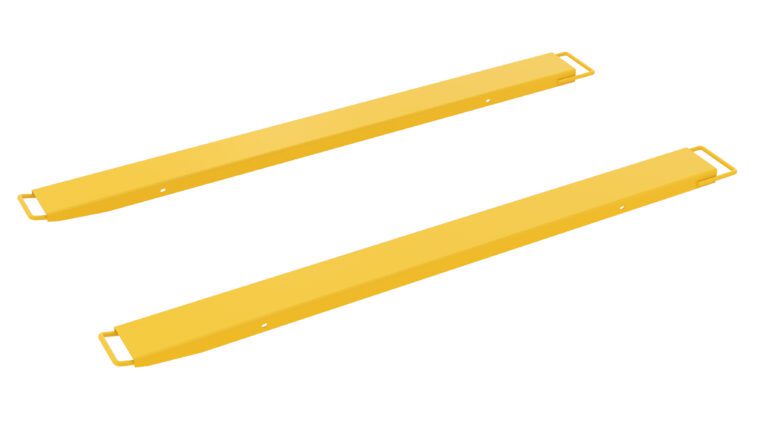 Two long, rectangular yellow metal bars resembling the Vestil Fork Extension High Strength 84L X 6W In, featuring handles at each end, are placed parallel on a white background.