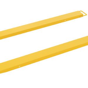 Two long, rectangular yellow metal bars resembling the Vestil Fork Extension High Strength 84L X 6W In, featuring handles at each end, are placed parallel on a white background.