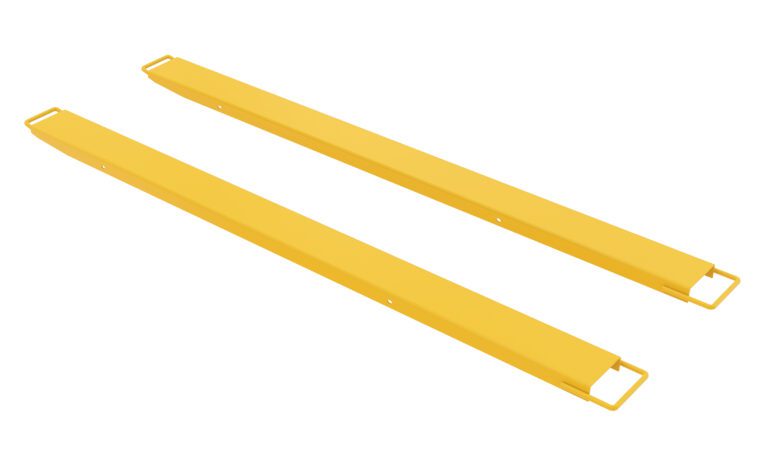 FE-HS-6-96_A.jpg Two yellow metal beams, similar to the Vestil Fork Extension High Strength 96L X 6W In, feature openings at both ends and are set against a white background, suggesting their role as vital components in construction or industrial settings.