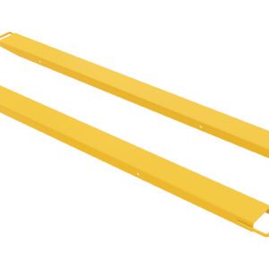 Two yellow metal beams, similar to the Vestil Fork Extension High Strength 96L X 6W In, feature openings at both ends and are set against a white background, suggesting their role as vital components in construction or industrial settings.