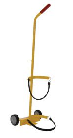 The Vestil Fire Extinguisher Carrier 100 Lb Cap is a yellow hand truck with two small black wheels and a red handle. Its circular frame and rubber straps secure either a gas cylinder or extinguisher upright during transport.