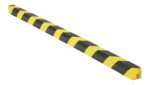 The Vestil Foam Edge Guard 5/16 X 3/4 Slot is a long, cylindrical foam bumper featuring black and yellow diagonal stripes for safety, intended to prevent injuries or damage in industrial or construction environments with its soft, cushioned surface.