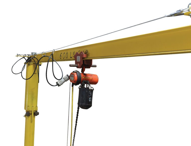The Vestil Gantry Crane, featuring a 22 ft wire festoon system, showcases its efficiency with a yellow arm holding a black weight via a red hoist. The metal arm, labeled 600 LB CAP, stands out against the white background.