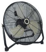 The Vestil Three Speed Floor Fan, with a 20-inch blade diameter and three upward-angled white blades, features a black metal frame and sturdy stand. It includes a circular protective grill and is positioned to the left.