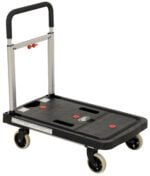 The Vestil Fold Flat Plastic Cart 26.75L x 16.25W is a black platform cart with four wheels, a silver handle, and a red locking mechanism. Its textured surface with red accents makes it ideal for moving heavy items.
