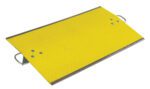 A yellow rectangular metal ramp, the Vestil Fiberglass Dockplate 48X24 with 1000 capacity, features a diamond plate pattern, four screw heads, and handles for easy carrying. Metal reinforcements secure its edges.