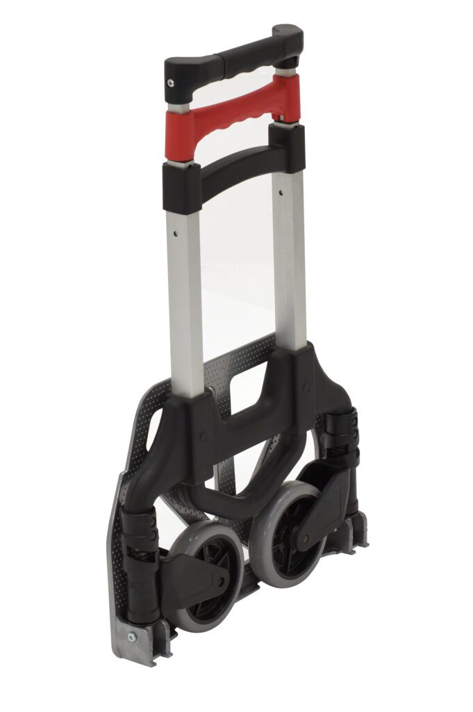 The Vestil Aluminum Foldaway Hand Truck 150 Lb Cap features a sleek black and red design, sturdy metal frame, two wheels, and a collapsible handle for easy storage and portability.