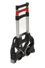 The Vestil Aluminum Foldaway Hand Truck 175 Lb Cap features a red and black handle, durable silver frame, and two sturdy black wheels. It efficiently folds into a compact position for easy storage.