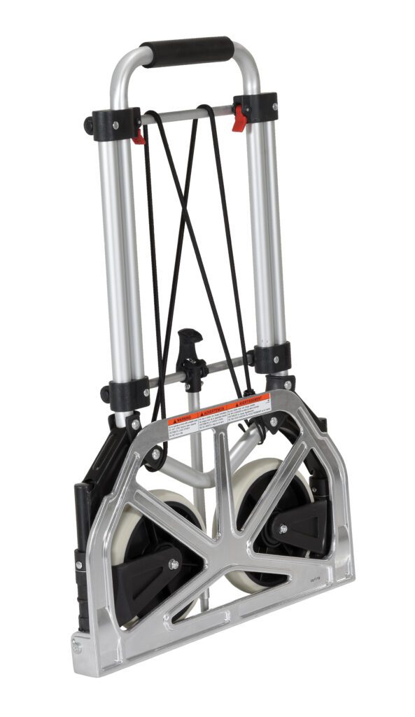 FHC-250_A.jpg The Vestil Aluminum Foldaway Hand Truck 250 Lb Cap features a silver frame, a black handle with red accents, and adjustable parts. With a folding mechanism and two large wheels, its compact, portable, and perfect for easy transport and storage.