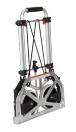 The Vestil Aluminum Foldaway Hand Truck 275 Lb Cap features a sleek silver and black look, telescopic handle, durable triangular frame, two large wheels, and offers a robust 275 lb capacity. Its compact design is ideal for easy storage when partially extended.