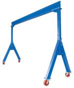 The Vestil Fixed Height Stl Gantry Crane 10K 15 Ft is a blue crane with fixed height, supported by two A-frames and featuring red caster wheels for improved mobility, perfect for lifting heavy loads in industrial environments.
