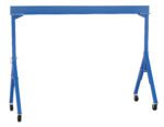 The Vestil Fixed Height Stl Gantry Crane 6K 15 Ft, featuring a straight beam and angled supports on wheels, is ideal for lifting heavy loads. This portable blue crane is prominently displayed on a white background.