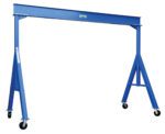 Meet the Vestil Fixed Height Stl Gantry Crane 8K 20 Ft, a durable blue crane with four wheels for heavy lifting and transporting. Featuring a strong metal frame with adjustable height, it spans 20 ft on a horizontal beam supported by two vertical posts.