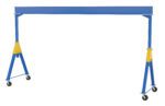 The Vestil Fixed Ht. Stl Gantry Crane 6K 20Ft Kd is designed for efficient heavy lifting and features a portable design with a blue horizontal beam, two blue vertical legs highlighted by yellow brackets, and four wheels for easy mobility.