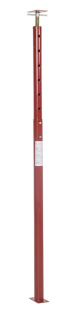 The Vestil Basement Floor Jack 100 In Max Height features a red adjustable steel support with multiple height adjustment holes, a flat top plate, and a square base for stability. It extends up to 100 inches for versatile use.