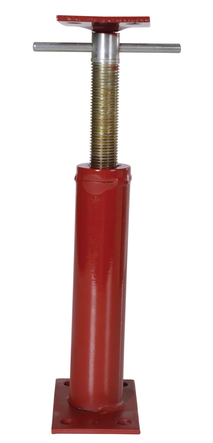 FJB-16_A.jpg The Vestil Basement Floor Jack 16 In Max Height is a bright red adjustable metal post featuring a silver screw and handle, paired with a flat base, making it an ideal support solution for construction projects.