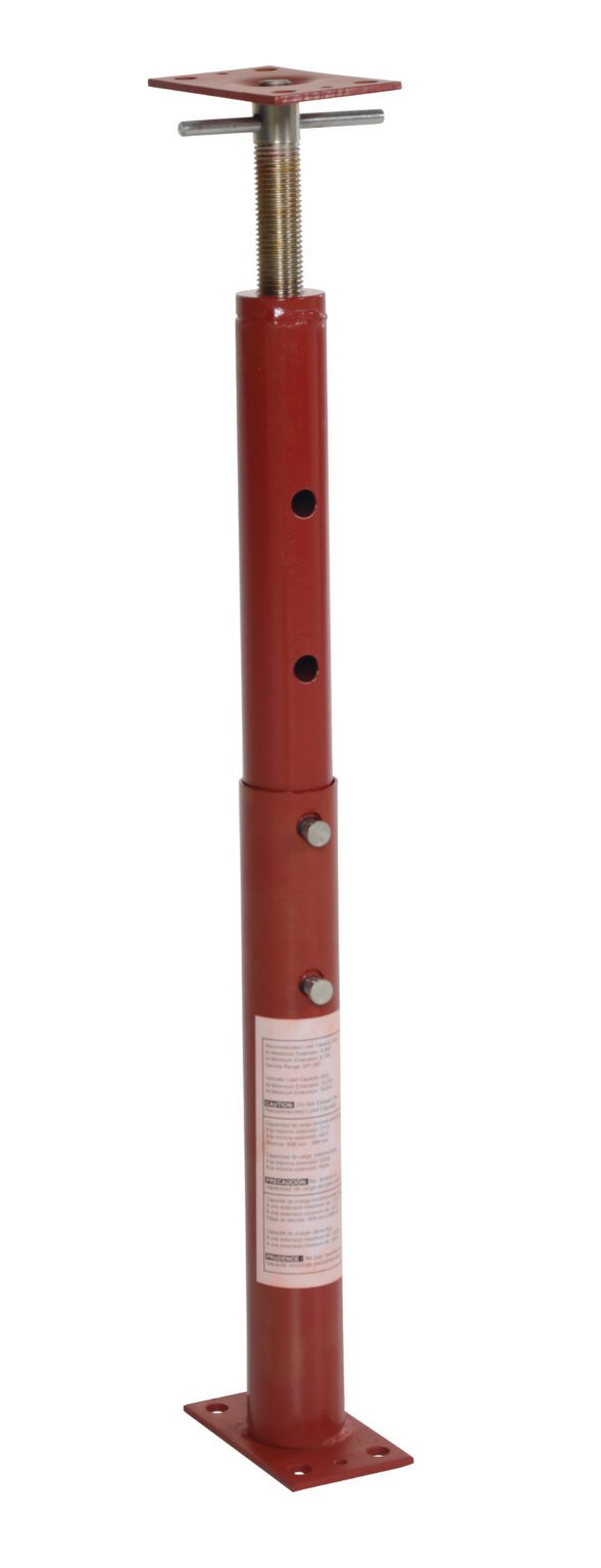 The Vestil Basement Floor Jack 36 In Max Height is red with an adjustable steel design, featuring holes and a threaded screw top. It reaches up to 36 inches for load-bearing, includes square base and top plates for stability, and has instructional labels visible on the side.