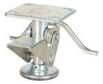 The Vestil Economical Floor Lock 5 to 5-7/8 Inch is a silver adjustable pedestal with a flat top, lever, and round base. This swivel-type mount is perfect for machinery or equipment with its secure bolt and pivot mechanism.