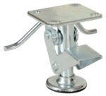 The Vestil Economical Floor Lock 6.5 X 8 X 5.75 features a metal jack with a square plate and circular base, two side levers, and a foot pedal for trailer stabilization. It has a shiny silver finish that combines sleek design with functional leveling capabilities.