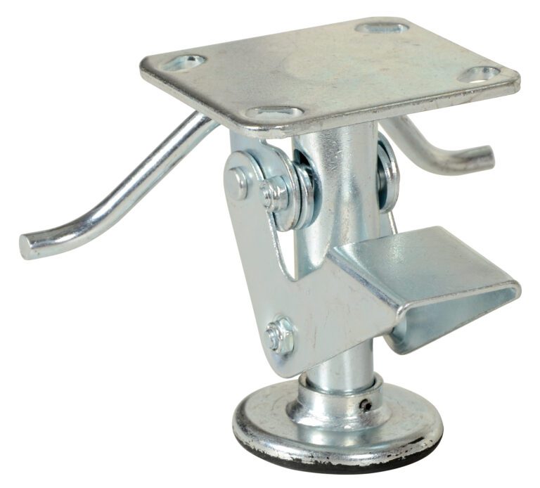 FL-5_A.jpg The Vestil Economical Floor Lock 6.5 X 8 X 5.75 features a metal jack with a square plate and circular base, two side levers, and a foot pedal for trailer stabilization. It has a shiny silver finish that combines sleek design with functional leveling capabilities.